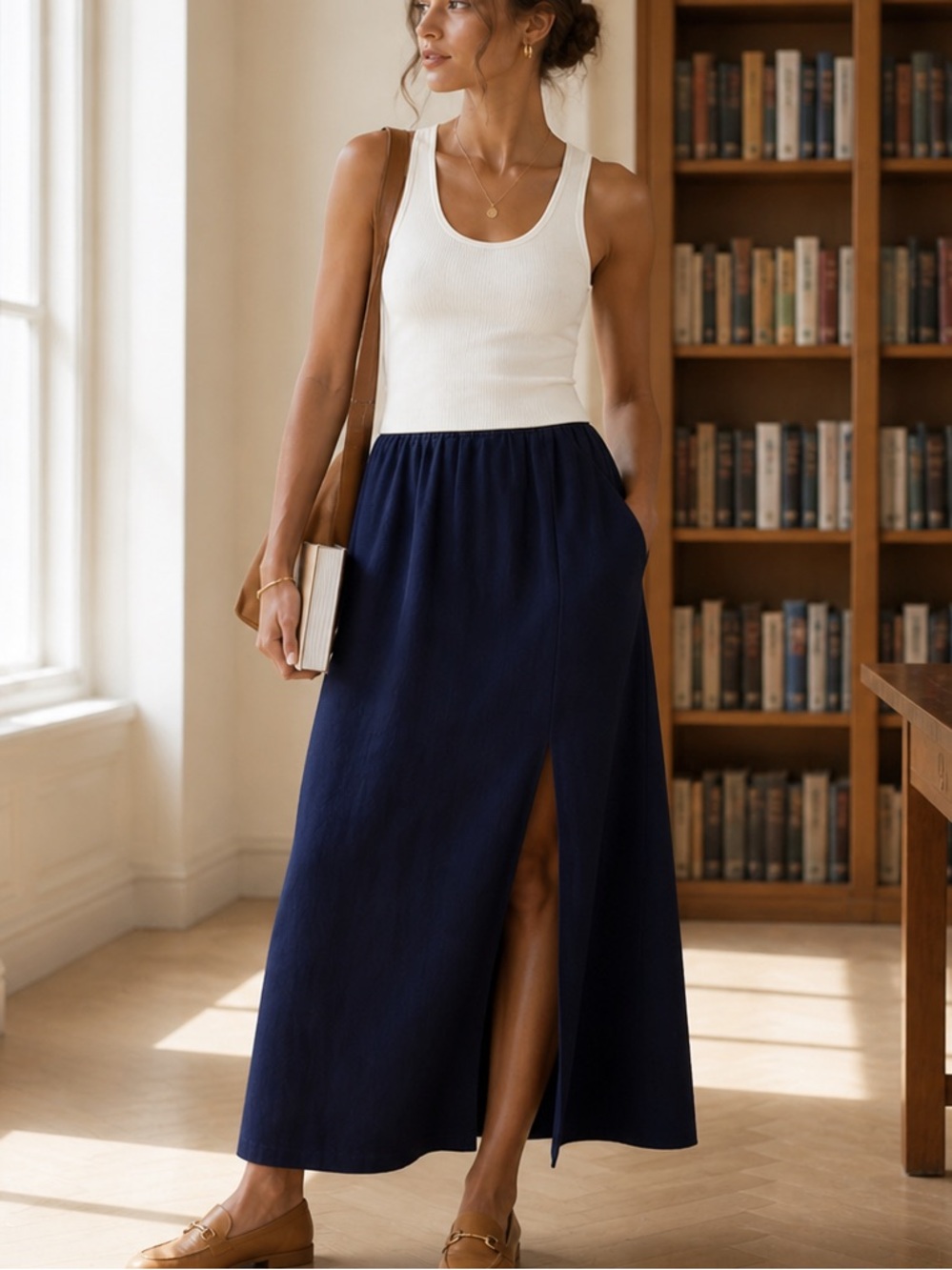 Quince 100% Euro Linen Maxi Skirt Navy XS Side Slit Pockets Lightweight Like New